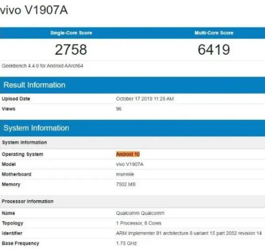 前沿科技:搭载Android 10和Snapdragon 855 SoC的Vivo V1907A出现在Geekbench